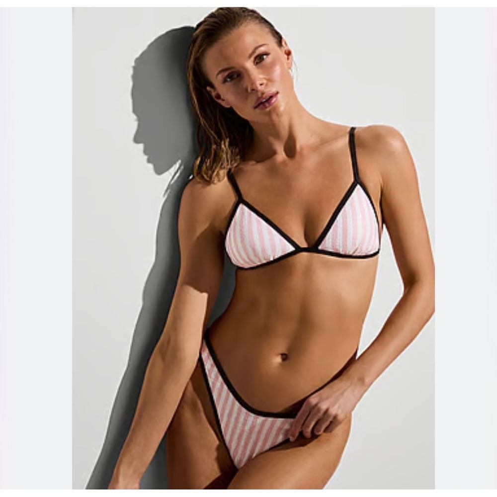 Victoria's Secret Heritage Stripe Sequin Two Piece Bikini Brazilian Pink White S